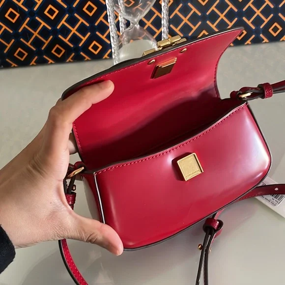 New, tory burch britten smooth mini top handle red crossbody $350 - Picture 6 of 16